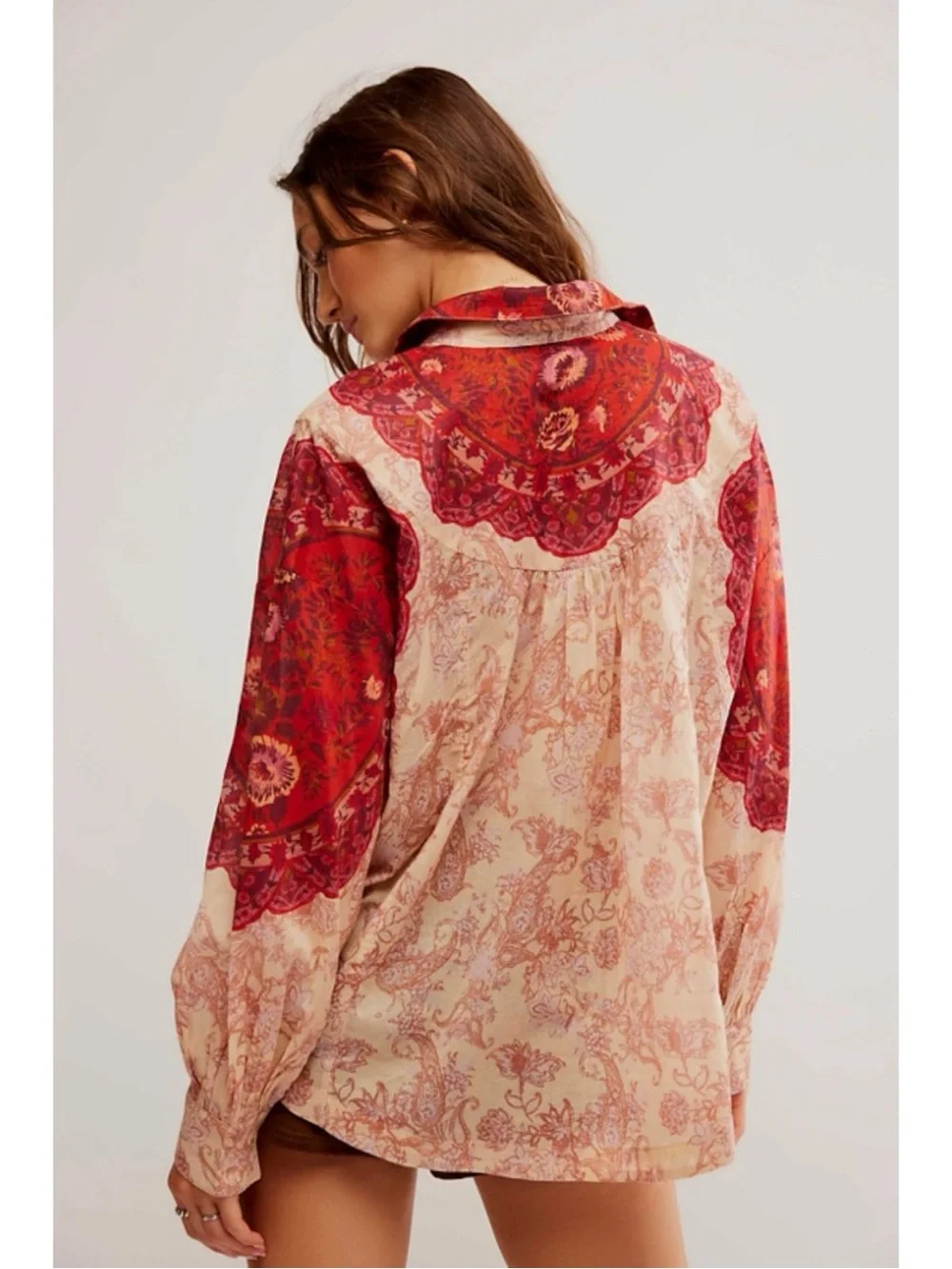Free People Western Bohemian Dainty Rose Bud Button Down Oversized Blouse Medium